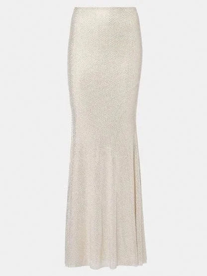 Beige mesh maxi skirt with rhinestone embellishments for elegant style