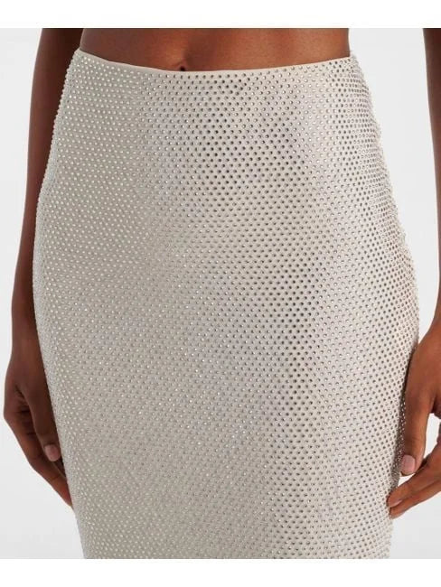 Beige knit mesh maxi skirt featuring rhinestone embellishments for a stylish look