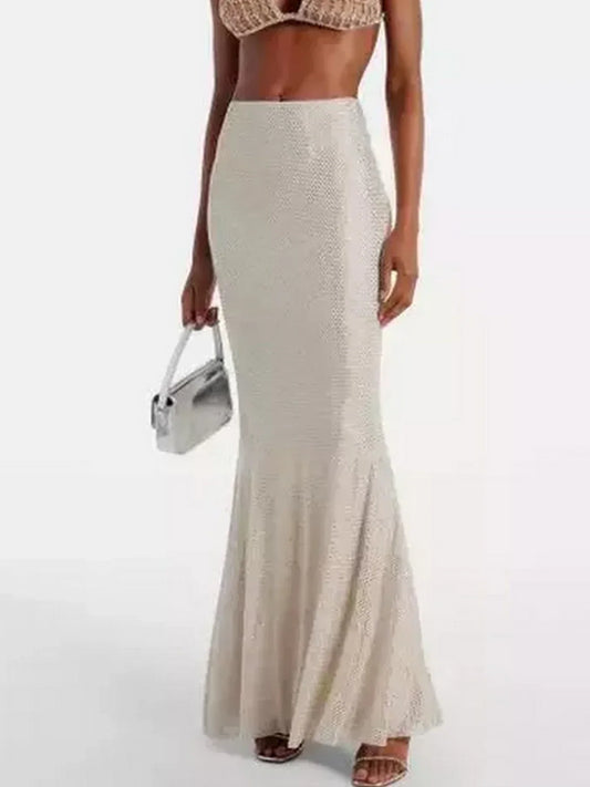 Beaded mermaid skirt in Rhinestone-Embellished Mesh Maxi Skirt design for elegant styling