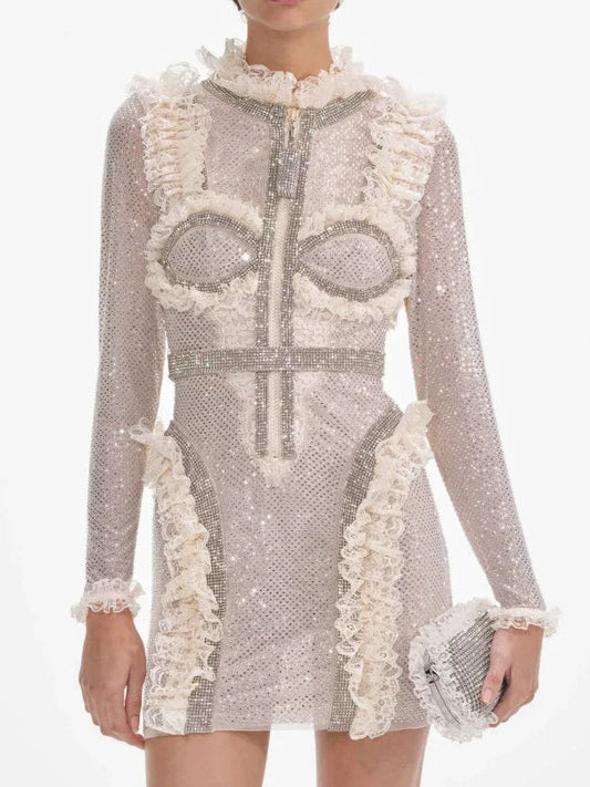 Rhinestone-Embellished Ruffled Mini Dress in Ivory - M - Dresses