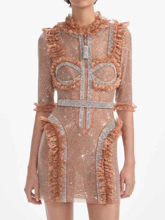 Rhinestone-Embellished Ruffled Mini Dress in Tan - M - Dresses