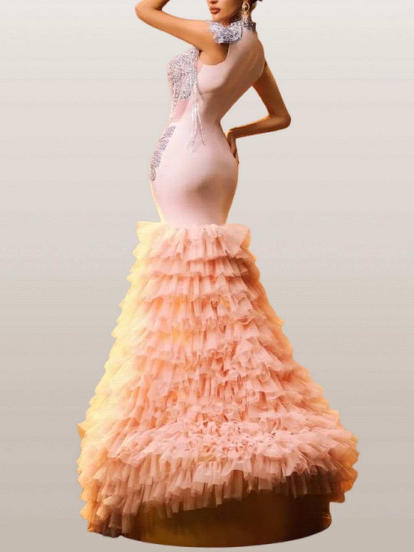 Rhinestone-Embellished Ruffled Tiered Mesh Gown - Dresses