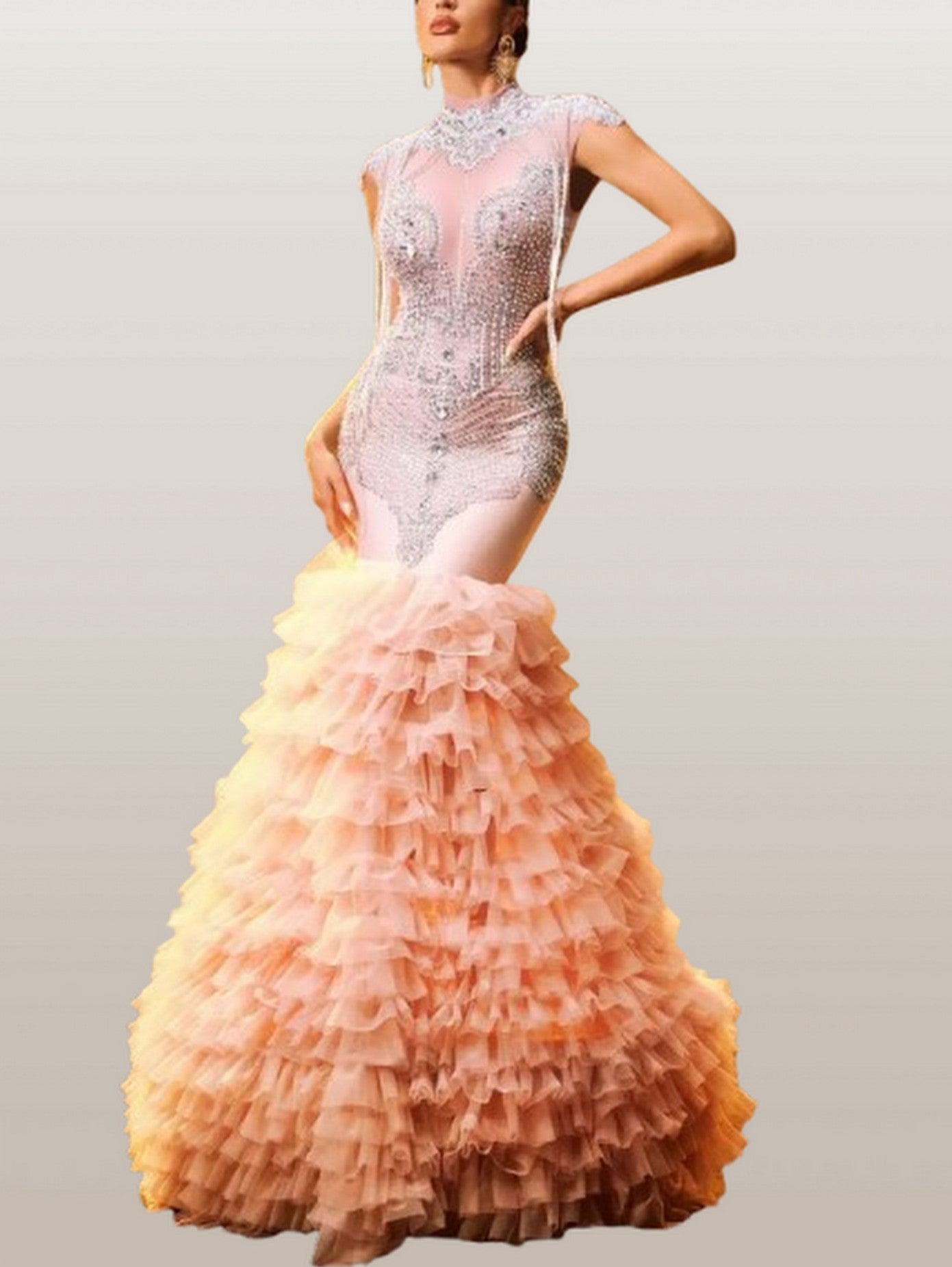 Rhinestone-Embellished Ruffled Tiered Mesh Gown - Dresses