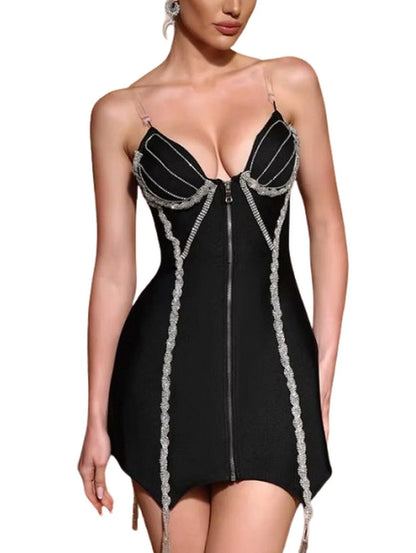 Rhinestone-Embellished Zip-Front Mini Dress in Black - Dresses