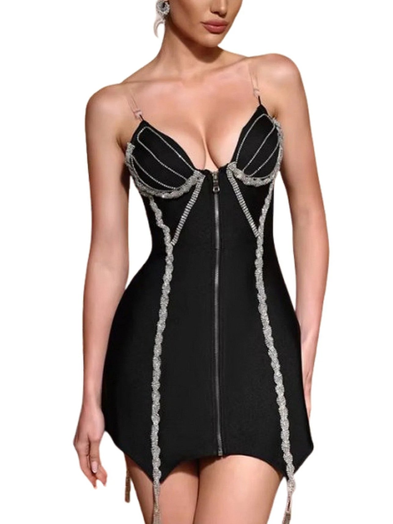 Rhinestone-Embellished Zip-Front Mini Dress in Black - Small - Dresses