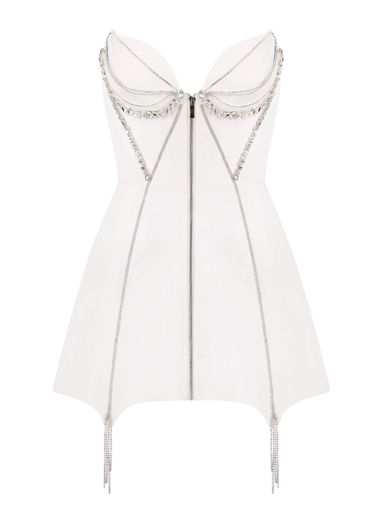 Rhinestone-Embellished Zip-Front Mini Dress in White - Dresses
