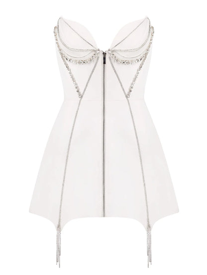 Rhinestone-Embellished Zip-Front Mini Dress in White - Dresses