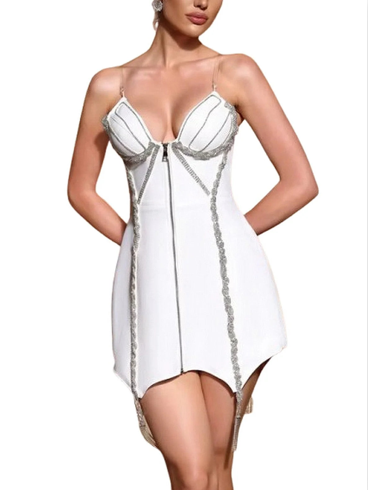 Rhinestone-Embellished Zip-Front Mini Dress in White - Small - Dresses