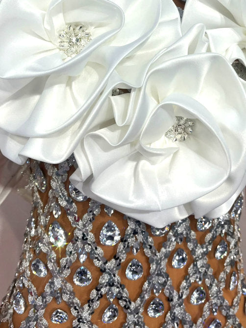 Rhinestone Halterneck Floral Appliqued Gown - Dresses