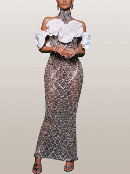 Rhinestone Halterneck Floral Appliqued Gown - Dresses
