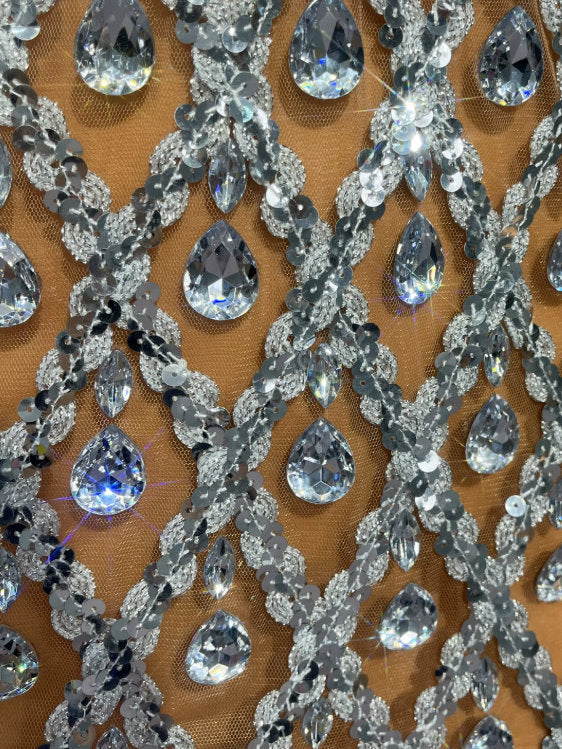 Rhinestone Halterneck Floral Appliqued Gown - Dresses