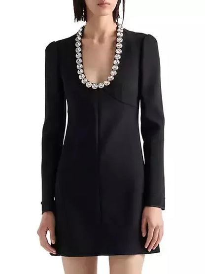 Rhinestone Scoop-Neck Long-Sleeve Black Mini Dress - Dresses