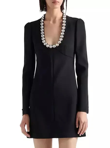 Rhinestone Scoop-Neck Long-Sleeve Black Mini Dress - Dresses