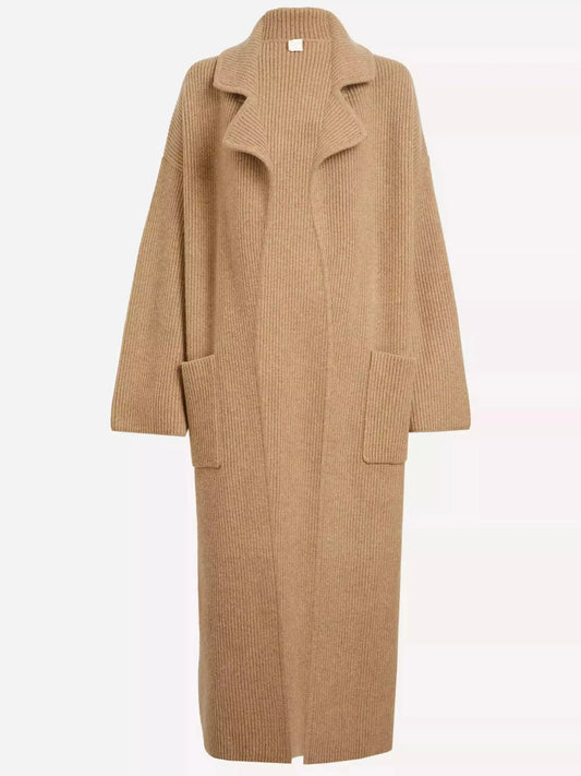 Rib Knit Long Oversize Cardigan Coat in Beige - Coats