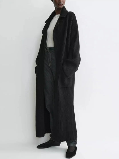 Rib Knit Long Oversize Cardigan Coat in Black - Coats