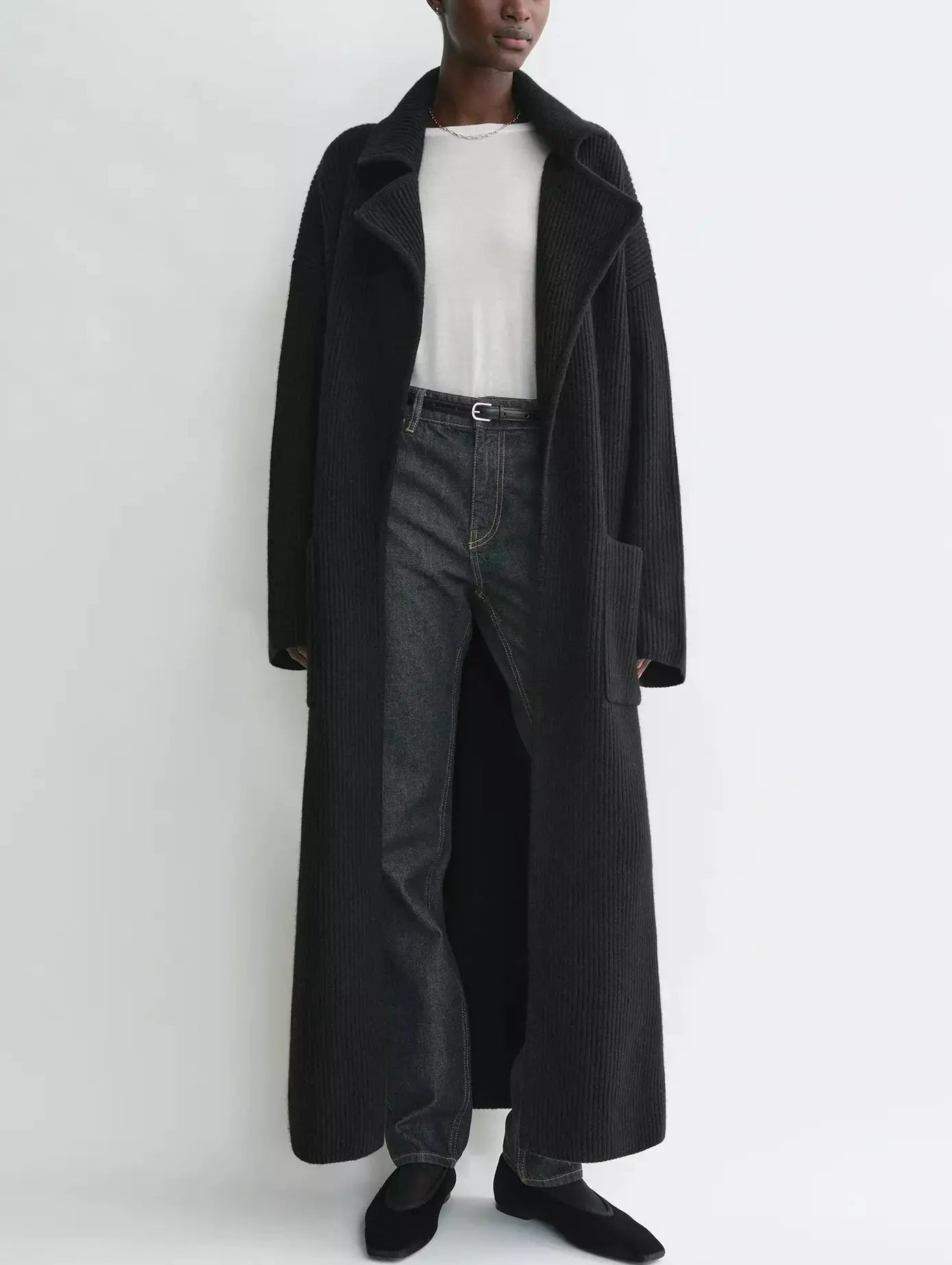 Rib Knit Long Oversize Cardigan Coat in Black - Coats