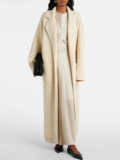 Rib Knit Long Oversize Cardigan Coat in Cream - Coats