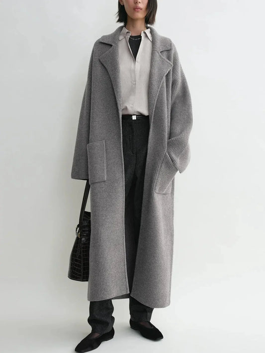 Rib Knit Long Oversize Cardigan Coat in Grey - Coats