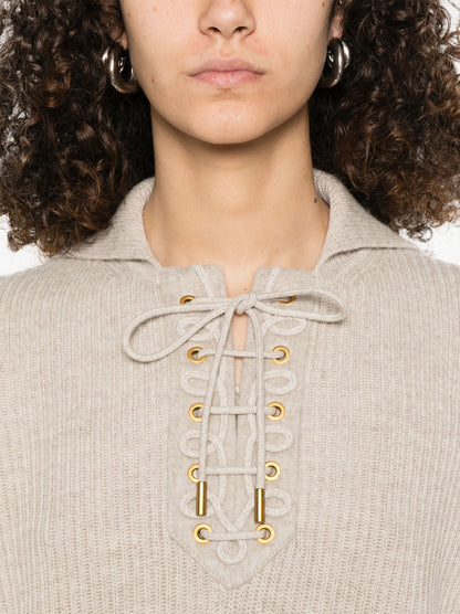 Beige Ribbed Eyelet Lace-Up Knit Sweater with stylish lace-up detail