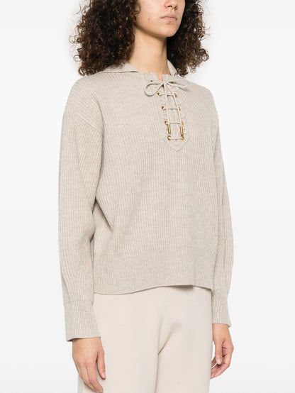 Beige Ribbed Eyelet Lace-Up Knit Sweater showcasing a stylish lace-up design