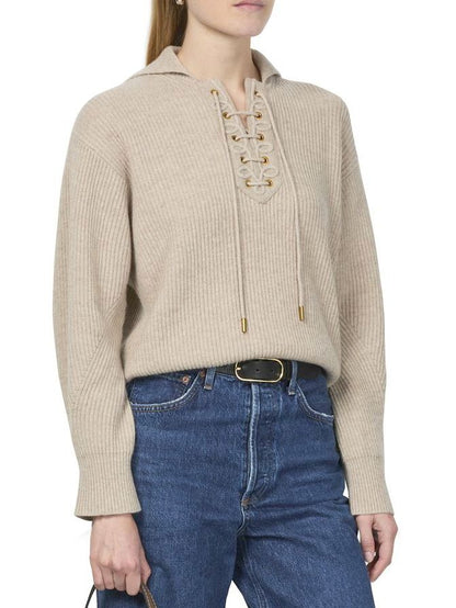 Beige Ribbed Eyelet Lace-Up Knit Sweater featuring a stylish lace-up neckline