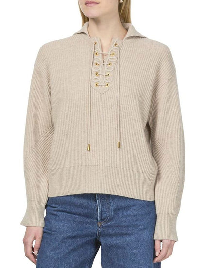 Beige Ribbed Eyelet Lace-Up Knit Sweater showcasing stylish knit texture and design