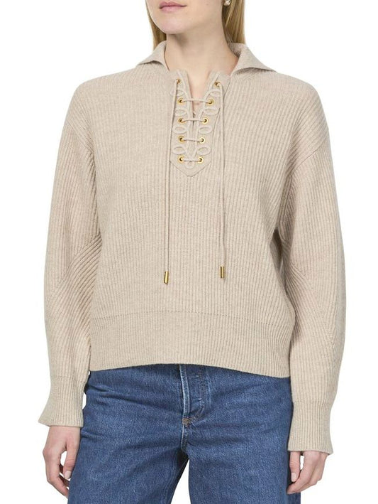 Beige Ribbed Eyelet Lace-Up Knit Sweater showcasing stylish knit texture and design