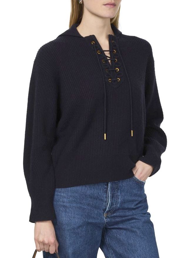 Ribbed Eyelet Lace-Up Knit Sweater in Navy with stylish lace-up detail