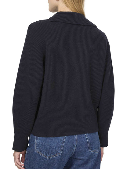 Black ribbed eyelet lace-up knit sweater featured in Navy design