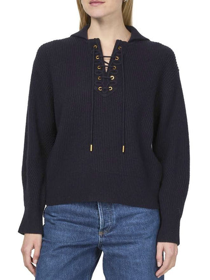 Navy Ribbed Eyelet Lace-Up Knit Sweater for stylish comfort and versatile fashion