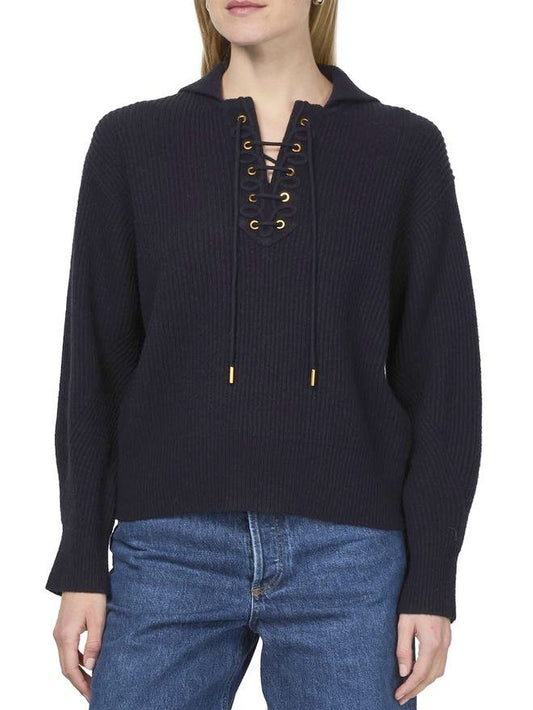 Navy Ribbed Eyelet Lace-Up Knit Sweater for stylish comfort and versatile fashion