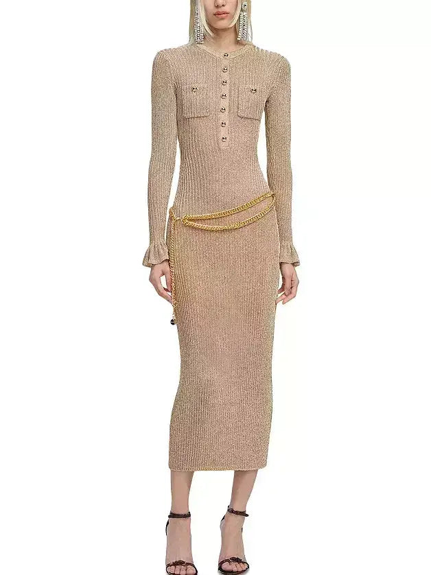 Ribbed Knit Beige Midi Dress with Chain Belt - Dresses