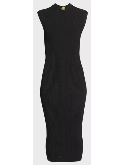 Ribbed-Knit Key-Hole Midi Dress in Black - Dresses