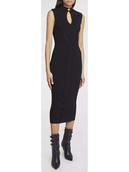 Ribbed-Knit Key-Hole Midi Dress in Black - Dresses