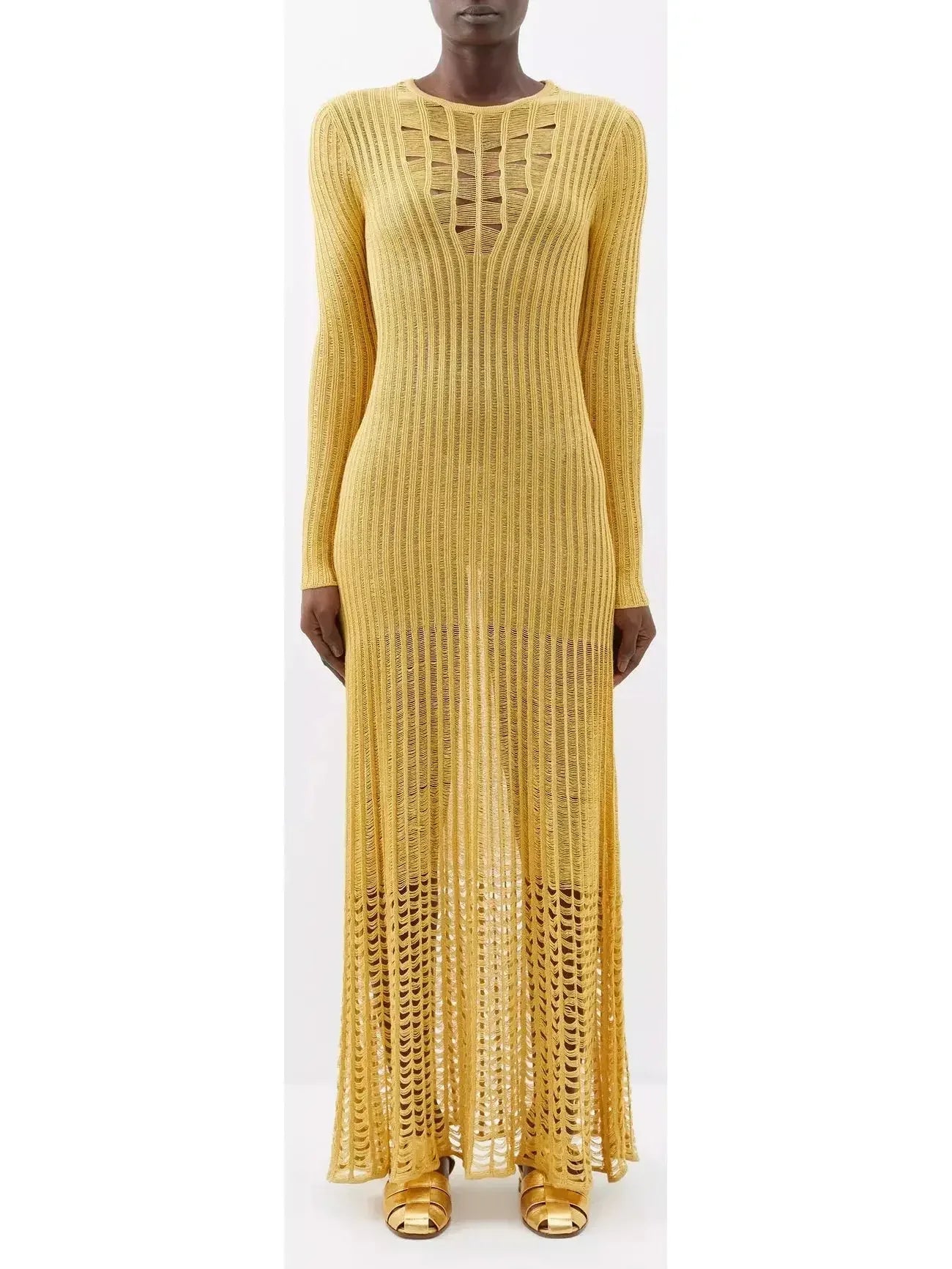 Ribbed-Knit Maxi Dress Yellow - small - Dresses
