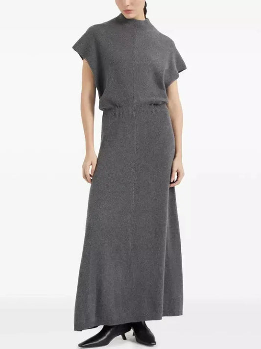 Ribbed Knit Mock-Neck Long Dress in Grey - Dresses