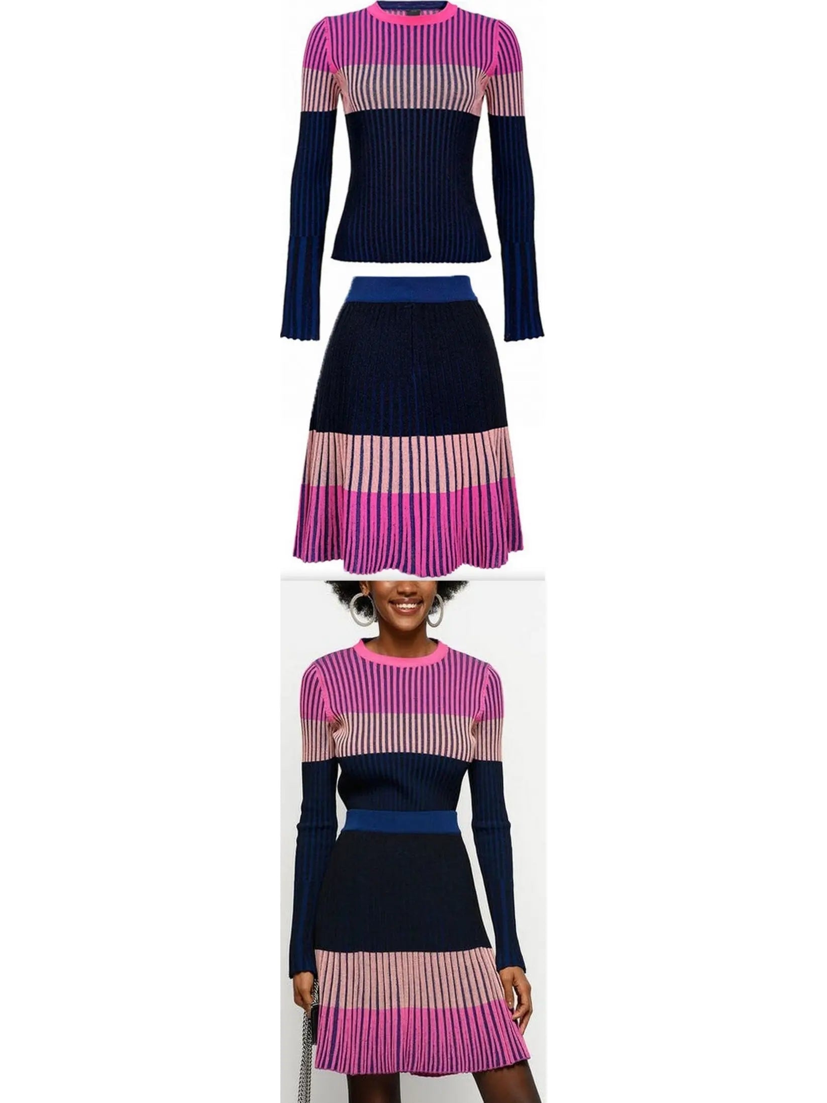 Ribbed Knit Multi Colored Sweater and Skirt Set - small - Suits & Sets