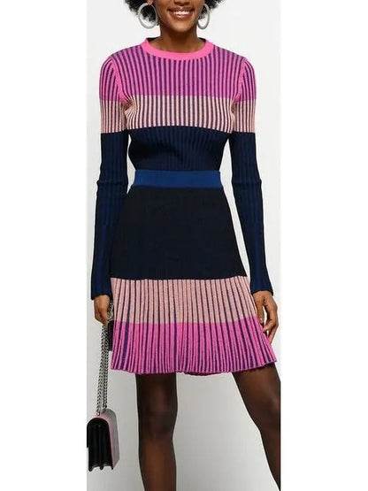 Ribbed Knit Multi Colored Sweater and Skirt Set - Suits & Sets