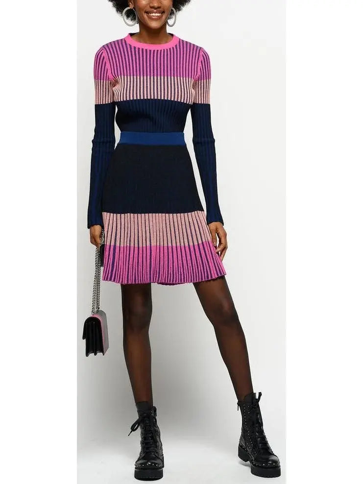 Ribbed Knit Multi Colored Sweater and Skirt Set - Suits & Sets