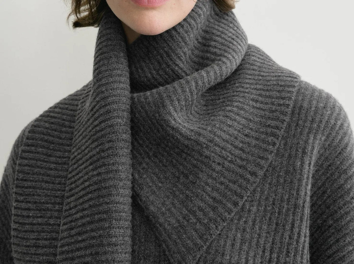 Ribbed Knit Oversized Sweater with Scarf in Grey - Sweaters & Knitwear