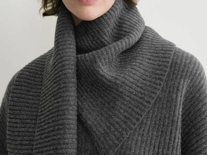 Ribbed Knit Oversized Sweater with Scarf in Grey - Sweaters & Knitwear