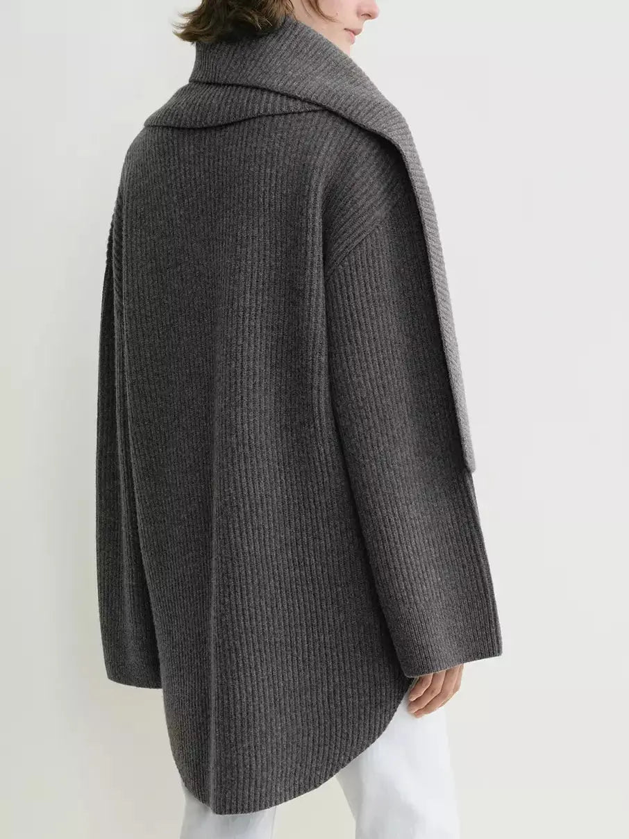 Ribbed Knit Oversized Sweater with Scarf in Grey - Sweaters & Knitwear