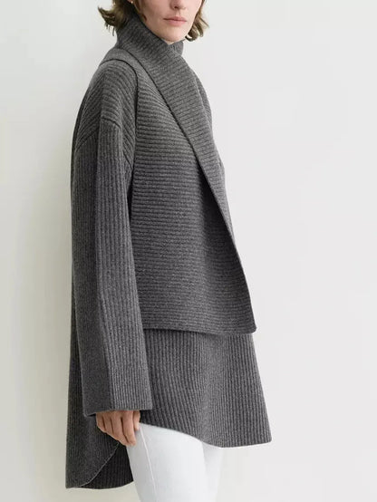 Ribbed Knit Oversized Sweater with Scarf in Grey - Sweaters & Knitwear