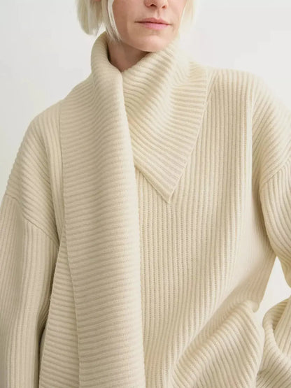 Ribbed Knit Oversized Sweater with Scarf in Ivory - Sweaters & Knitwear