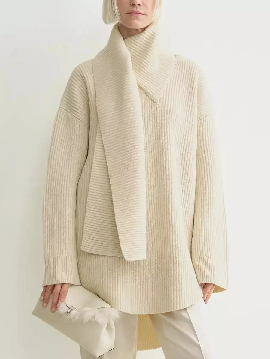 Ribbed Knit Oversized Sweater with Scarf in Ivory - Sweaters & Knitwear