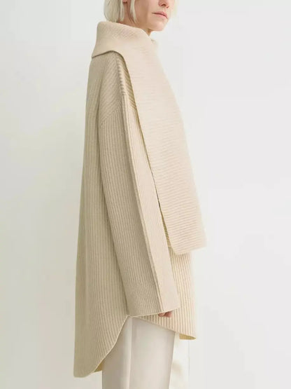 Ribbed Knit Oversized Sweater with Scarf in Ivory - Sweaters & Knitwear