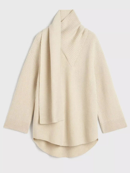 Ribbed Knit Oversized Sweater with Scarf in Ivory - Sweaters & Knitwear