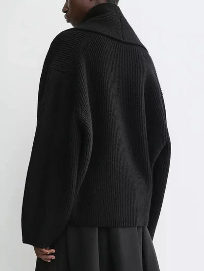 Ribbed Knit Shawl-lapel Cardigan Sweater in Black - Sweaters & Knitwear