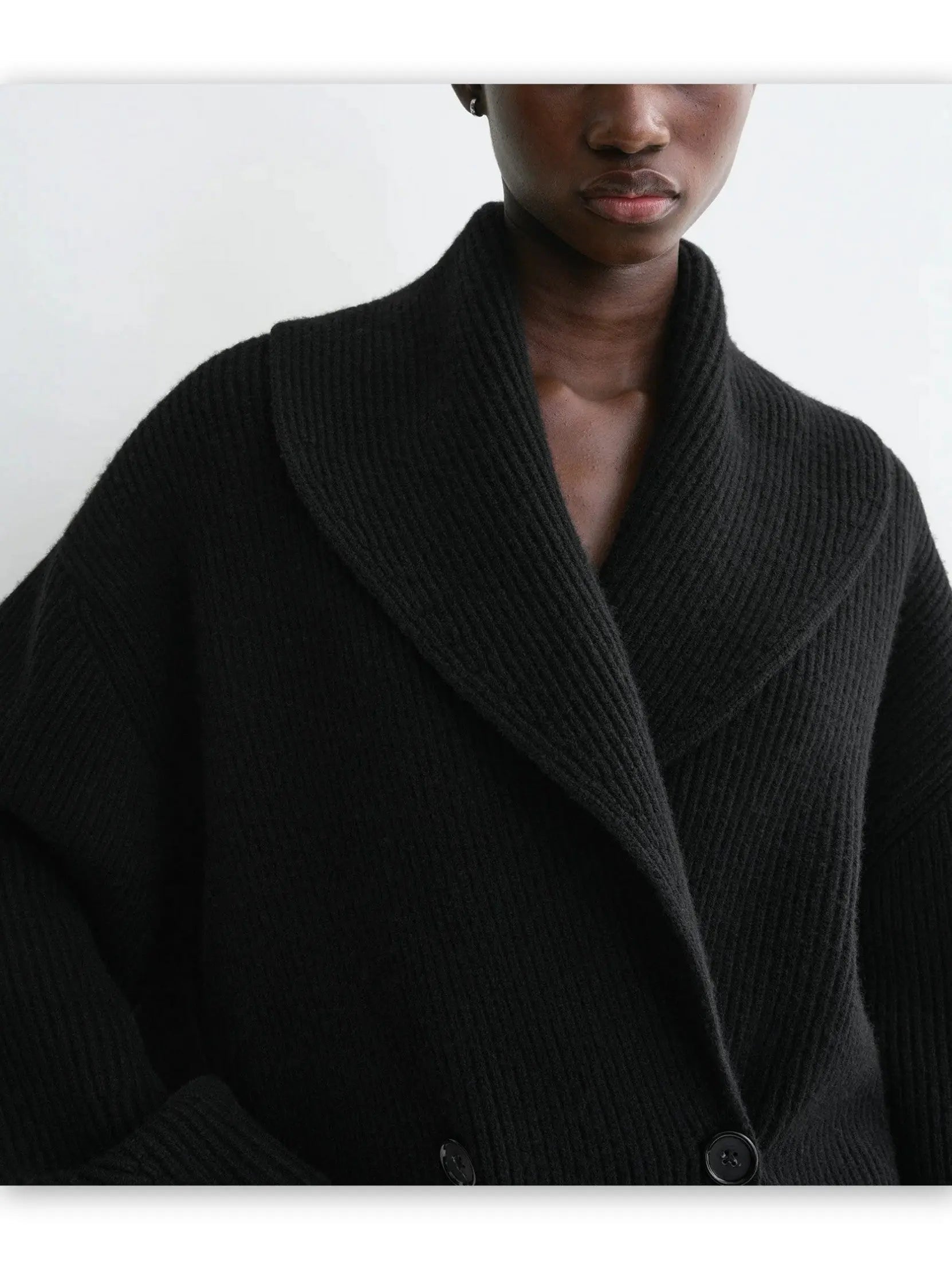 Ribbed Knit Shawl-lapel Cardigan Sweater in Black - Sweaters & Knitwear