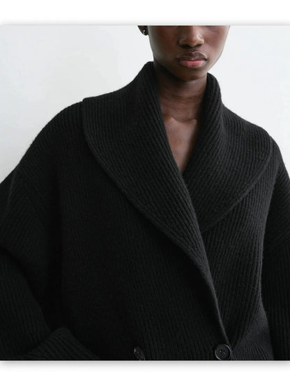 Ribbed Knit Shawl-lapel Cardigan Sweater in Black - Sweaters & Knitwear